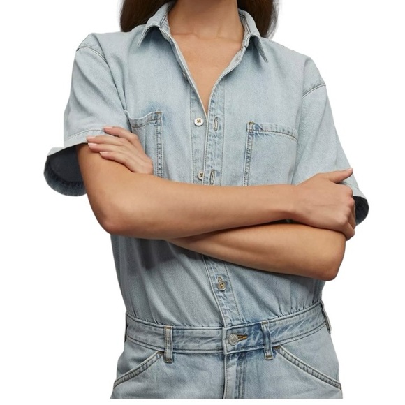 Pilcro Slouchy Denim Jumpsuit Light Wash Straight Leg Distressed - Picture 6 of 7